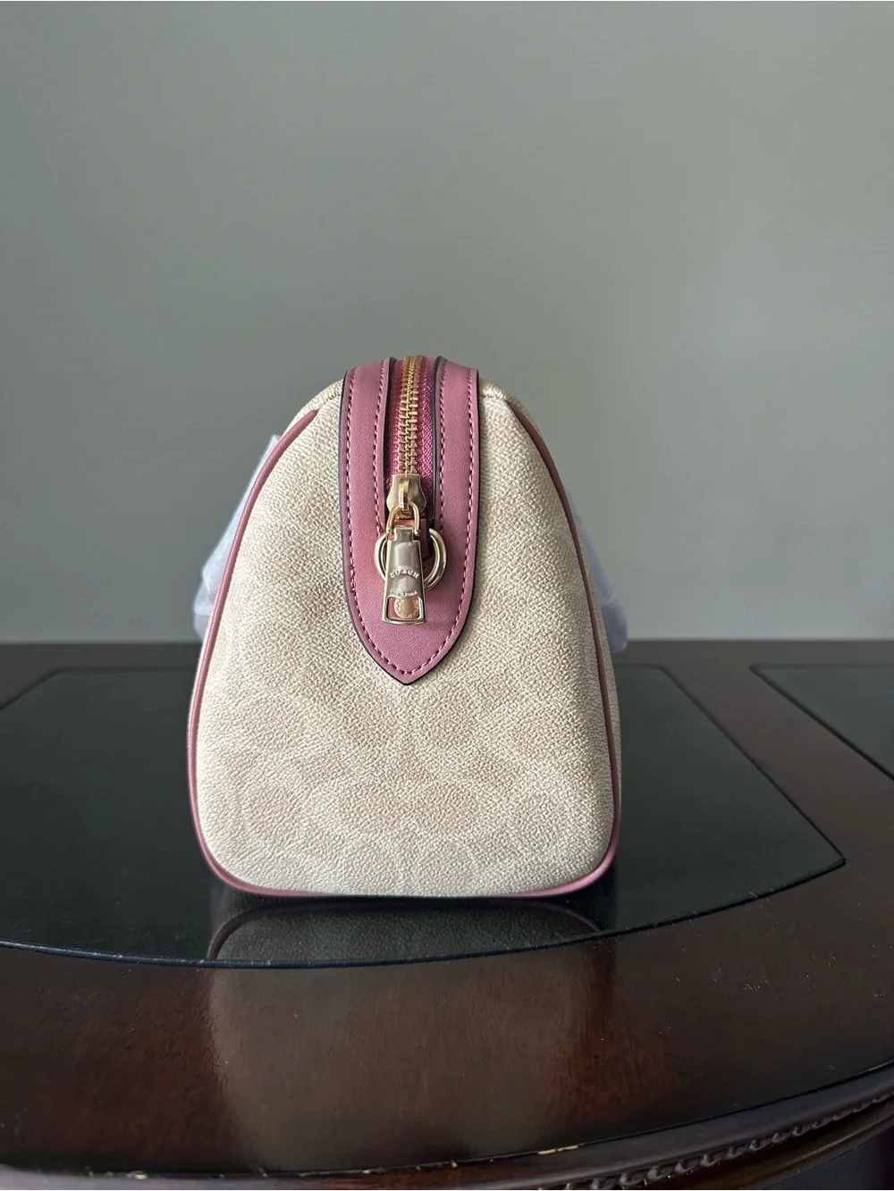 Coach Beige Canvas Satchel with Pink Trim and Heart Charm